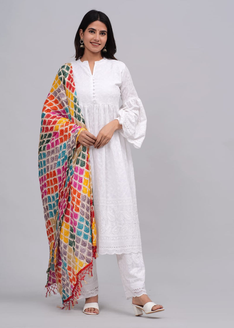 White Lucknowi Chikankari Suit Set With Dupatta