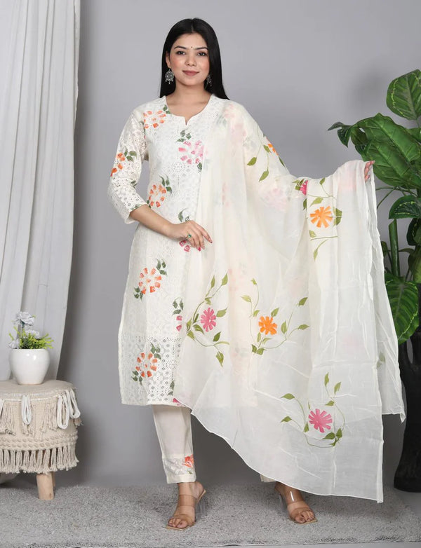 White Rock Cotton Crosia Net Brush Printed Suit Set