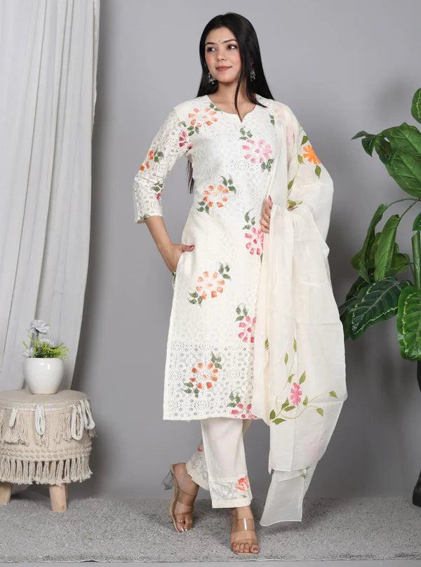 White Rock Cotton Crosia Net Brush Printed Suit Set