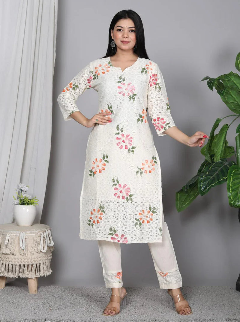 White Rock Cotton Crosia Net Brush Printed Suit Set