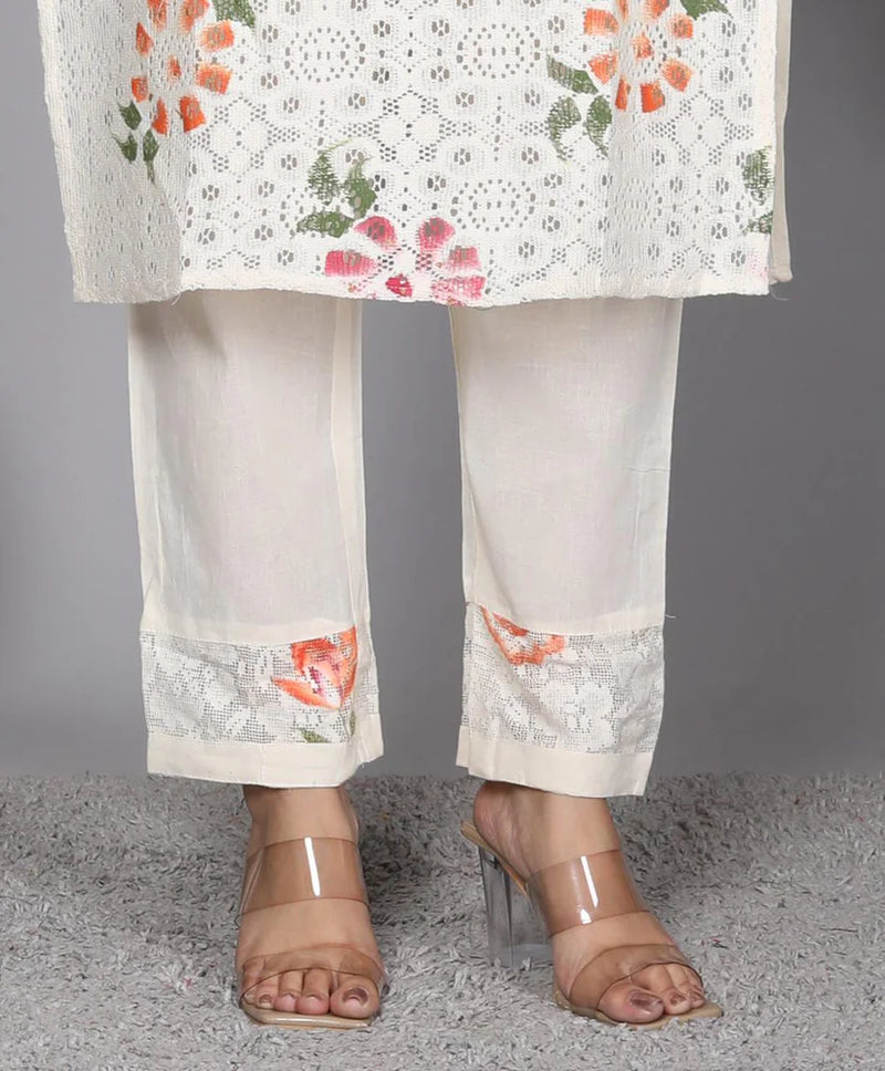 White Rock Cotton Crosia Net Brush Printed Suit Set