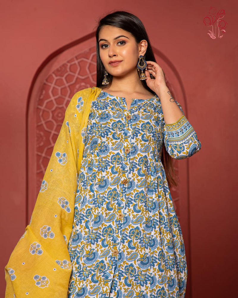 Floral Block Print Suit With Dupatta