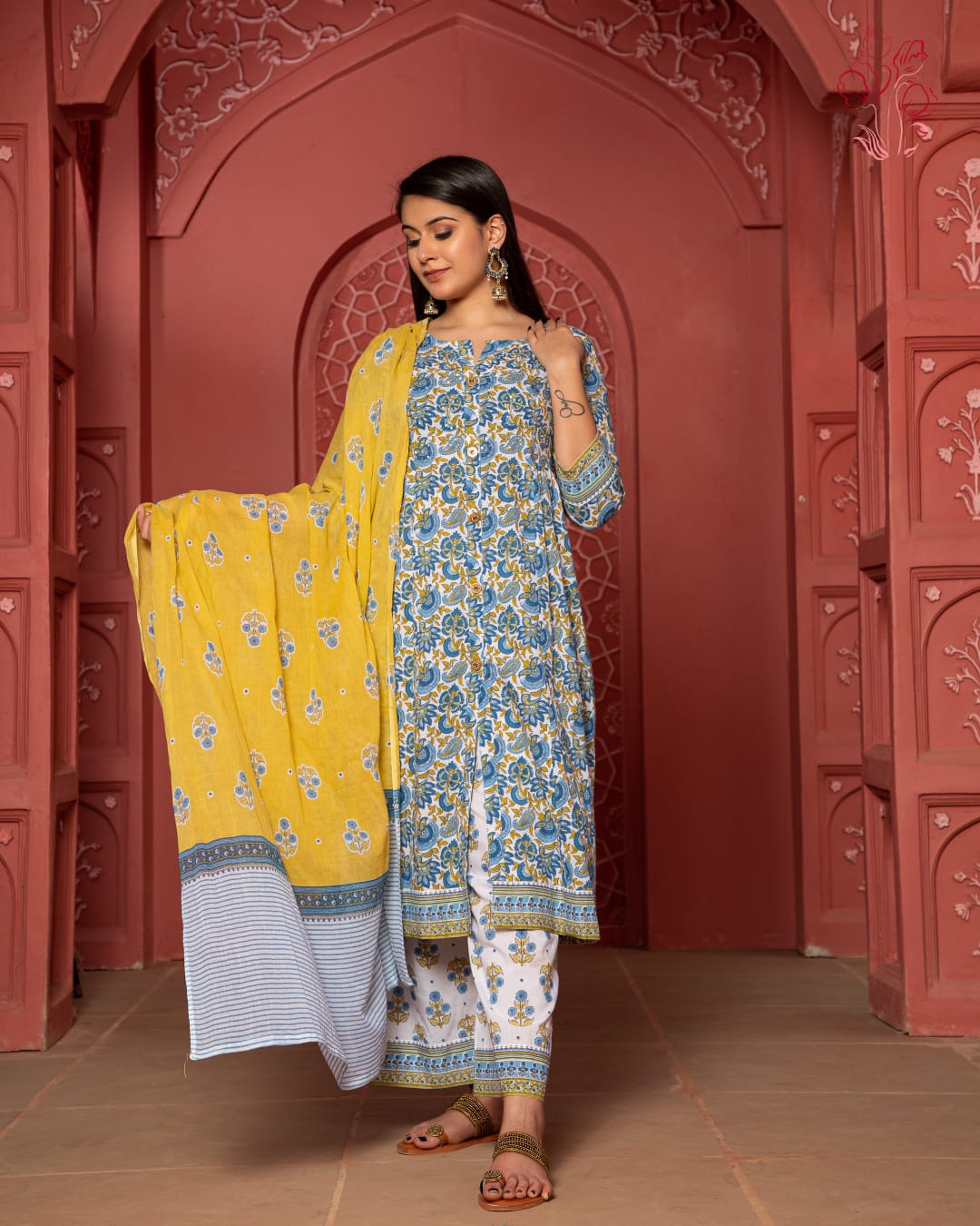 Floral Block Print Suit With Dupatta