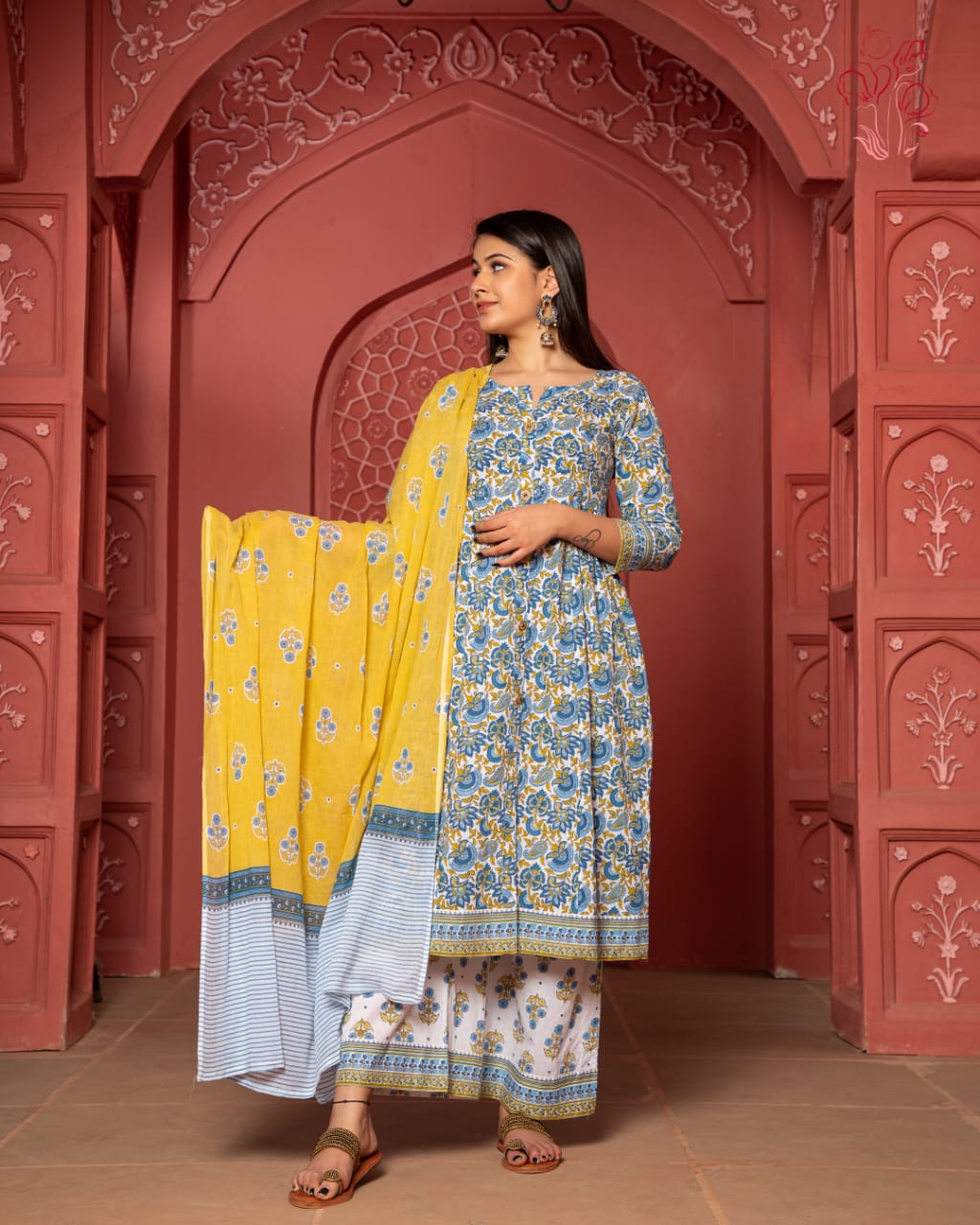 Floral Block Print Suit With Dupatta