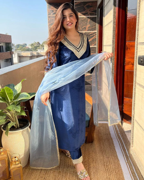 Embroidered Blue Velvet Suit With Dupatta