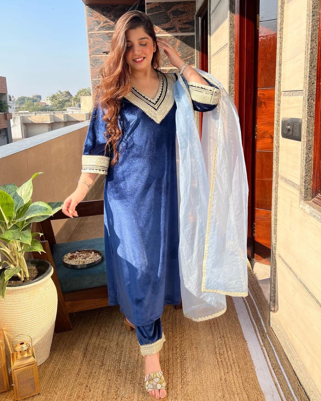 Embroidered Blue Velvet Suit With Dupatta