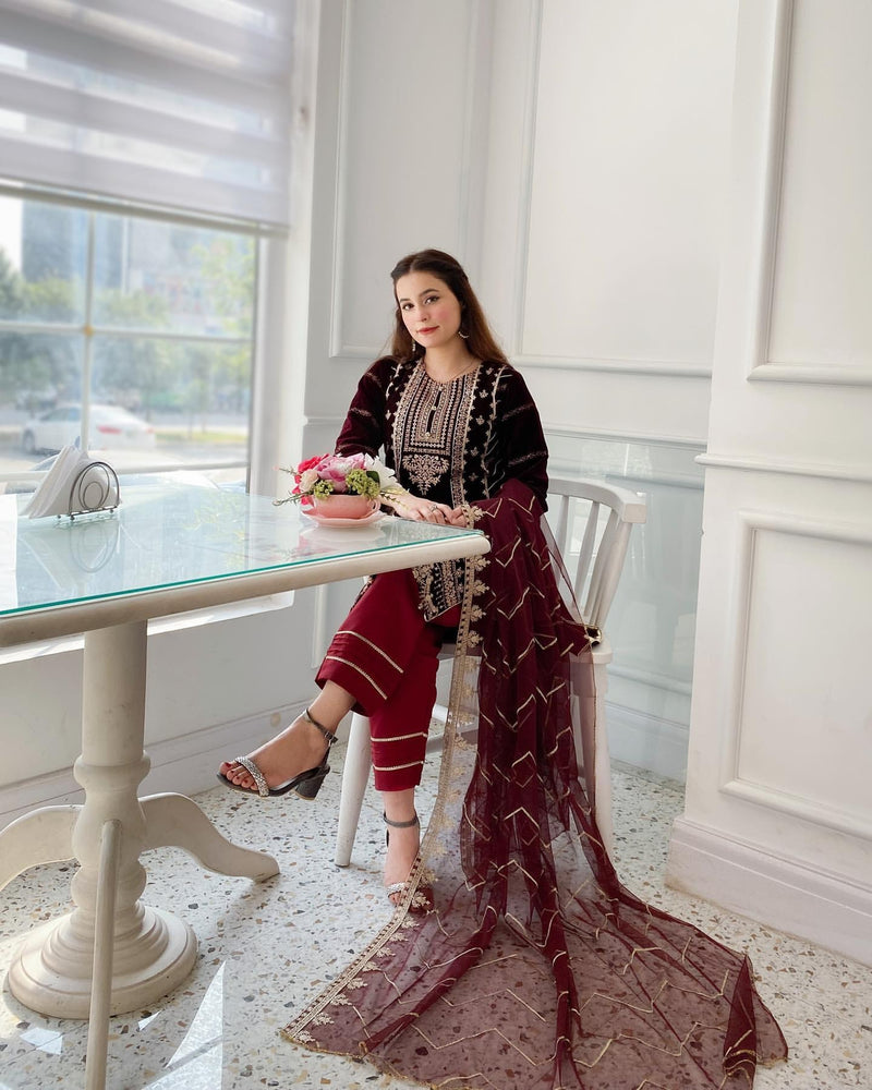 Designer Velvet Heavy Embroidered Suit With Dupatta