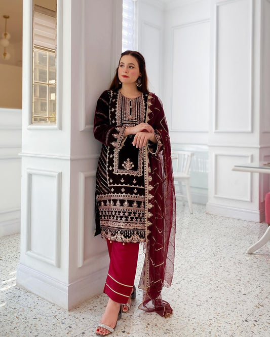 Designer Velvet Heavy Embroidered Suit With Dupatta