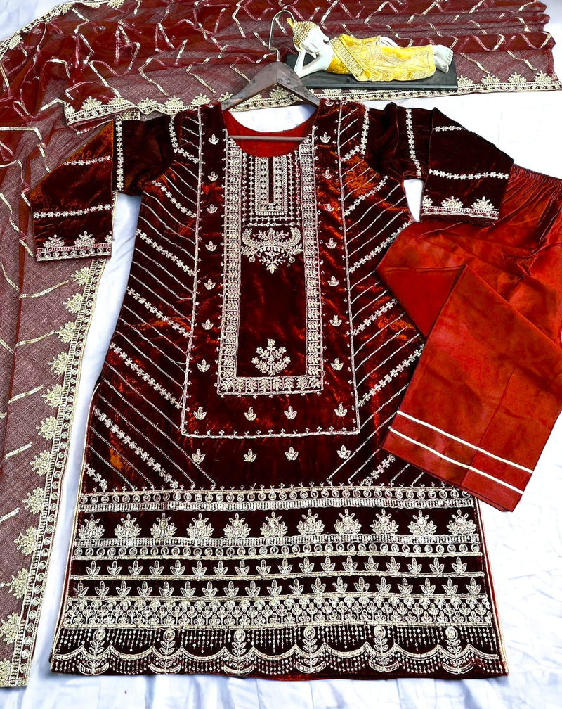 Designer Velvet Heavy Embroidered Suit With Dupatta