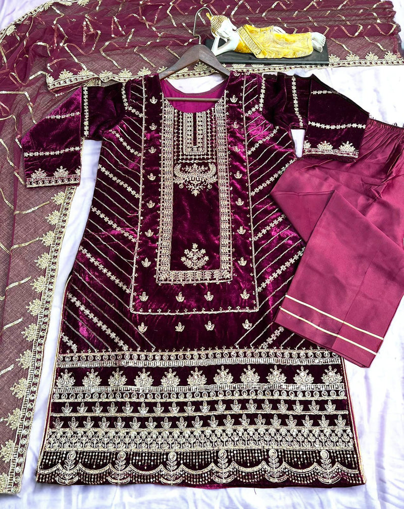 Designer Velvet Heavy Embroidered Suit With Dupatta