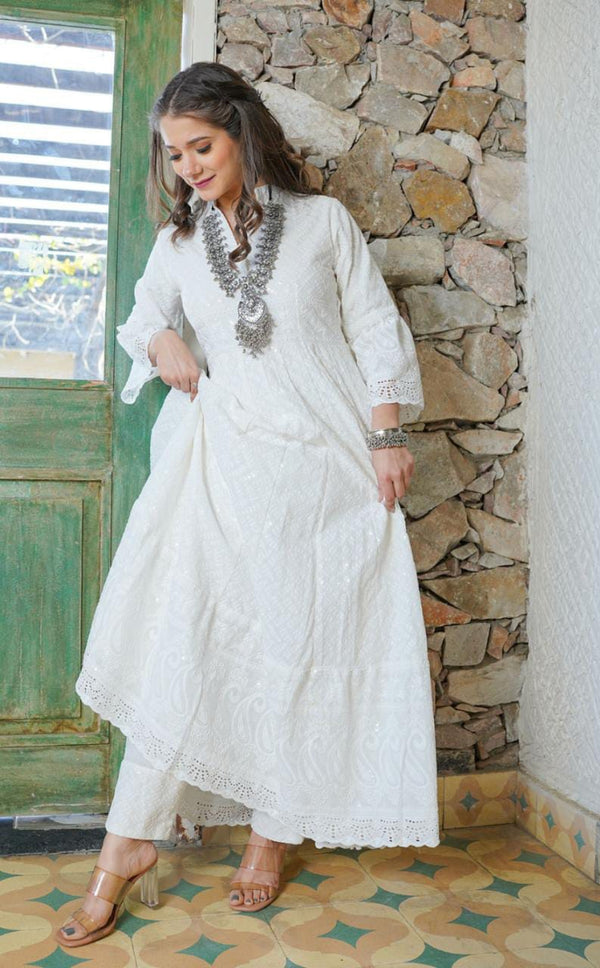 White Luckhnawi Chikankari Co-ord set