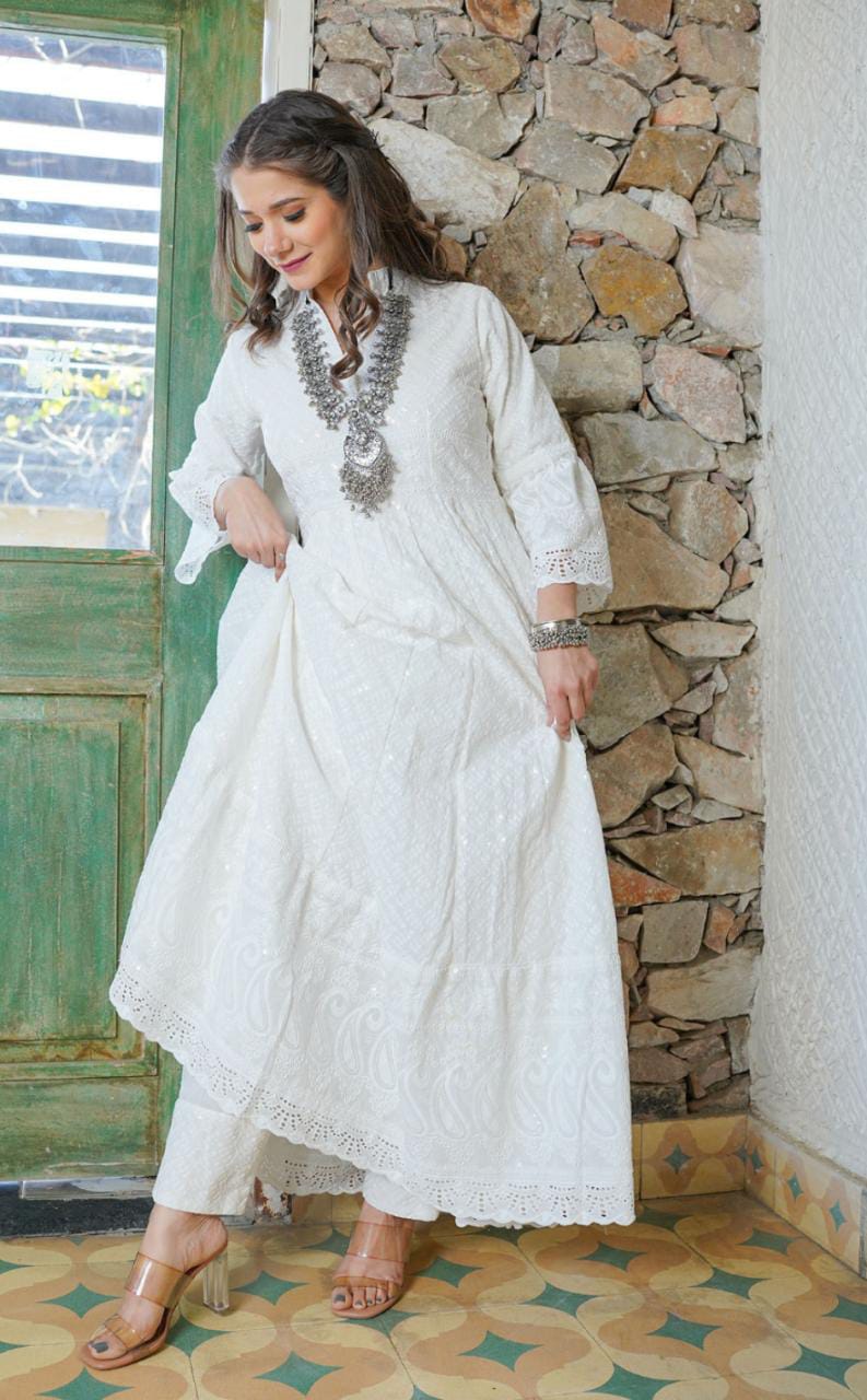 White Luckhnawi Chikankari Co-ord set