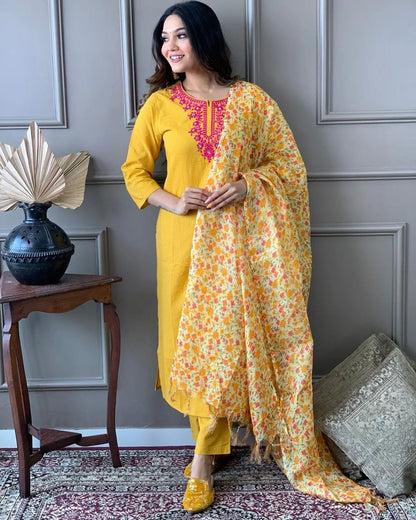 Elegant Kantha Embroidered Suit With Dupatta