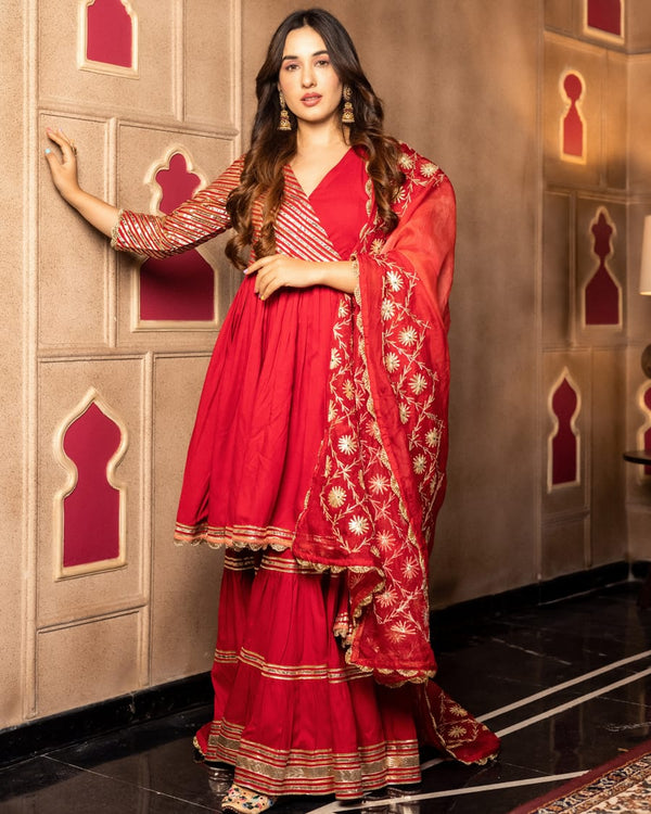 Designer Red Anya Sharara Set With Dupatta