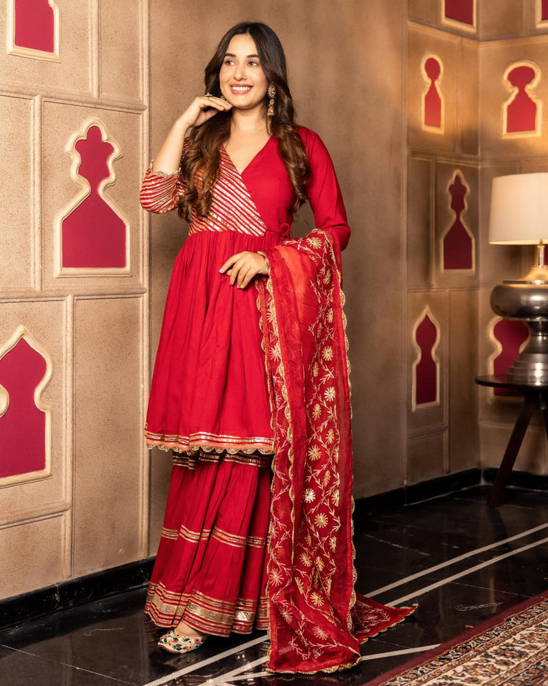 Designer Red Anya Sharara Set With Dupatta