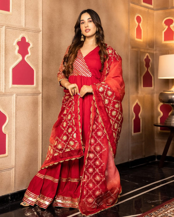 Designer Red Anya Sharara Set With Dupatta