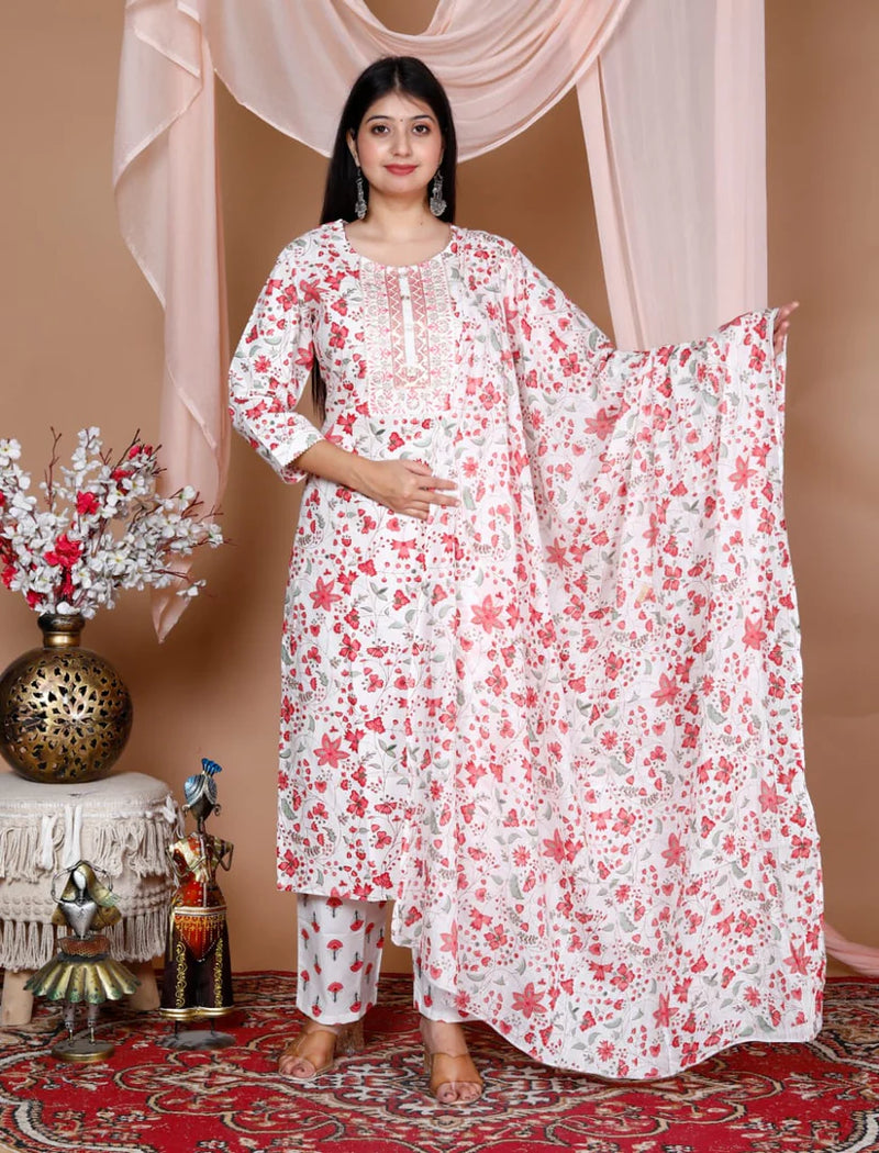 Printed Cotton Kurta and Pant Set with Mulmul Dupatta