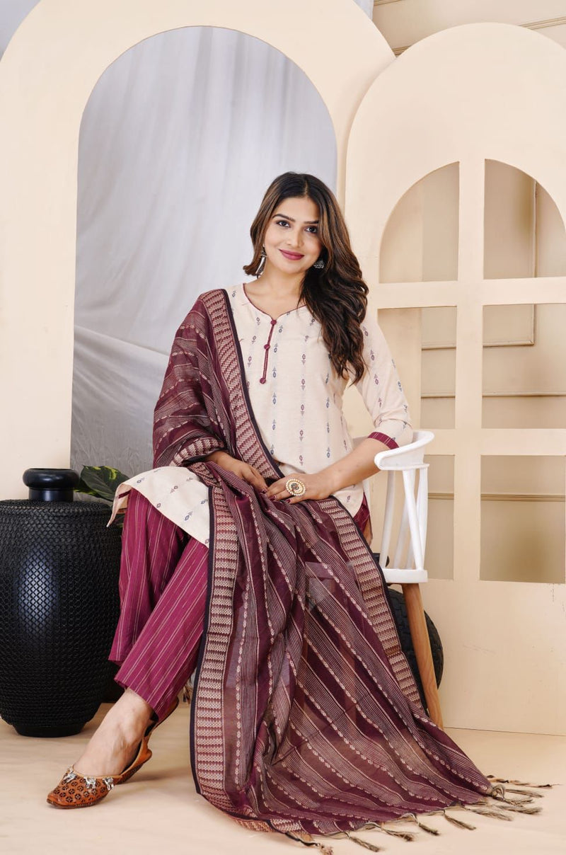 Designer White Chanderi Silk Set With Dupatta