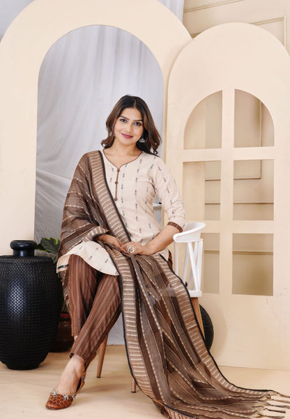 Designer White Chanderi Silk Set With Dupatta