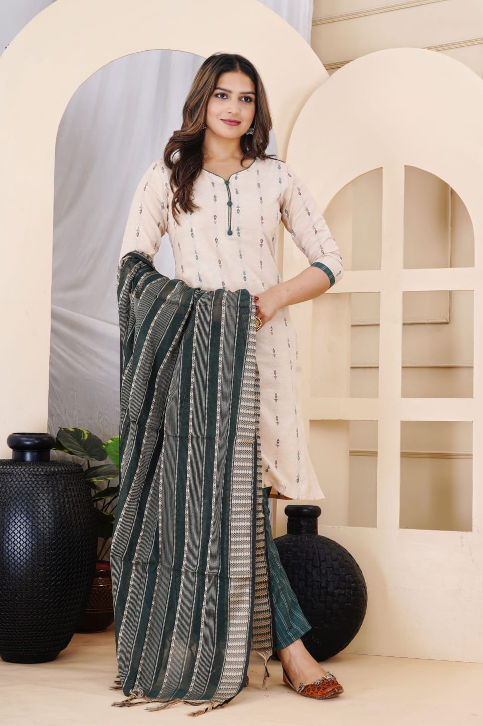 Designer White Chanderi Silk Set With Dupatta