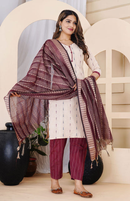 Designer White Chanderi Silk Set With Dupatta