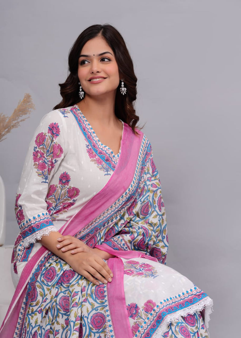 Designer White Floral Suit With Dupatta