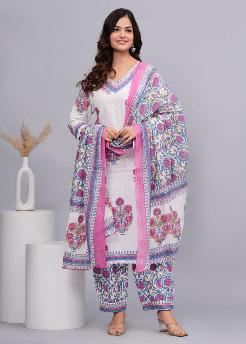 Designer White Floral Suit With Dupatta