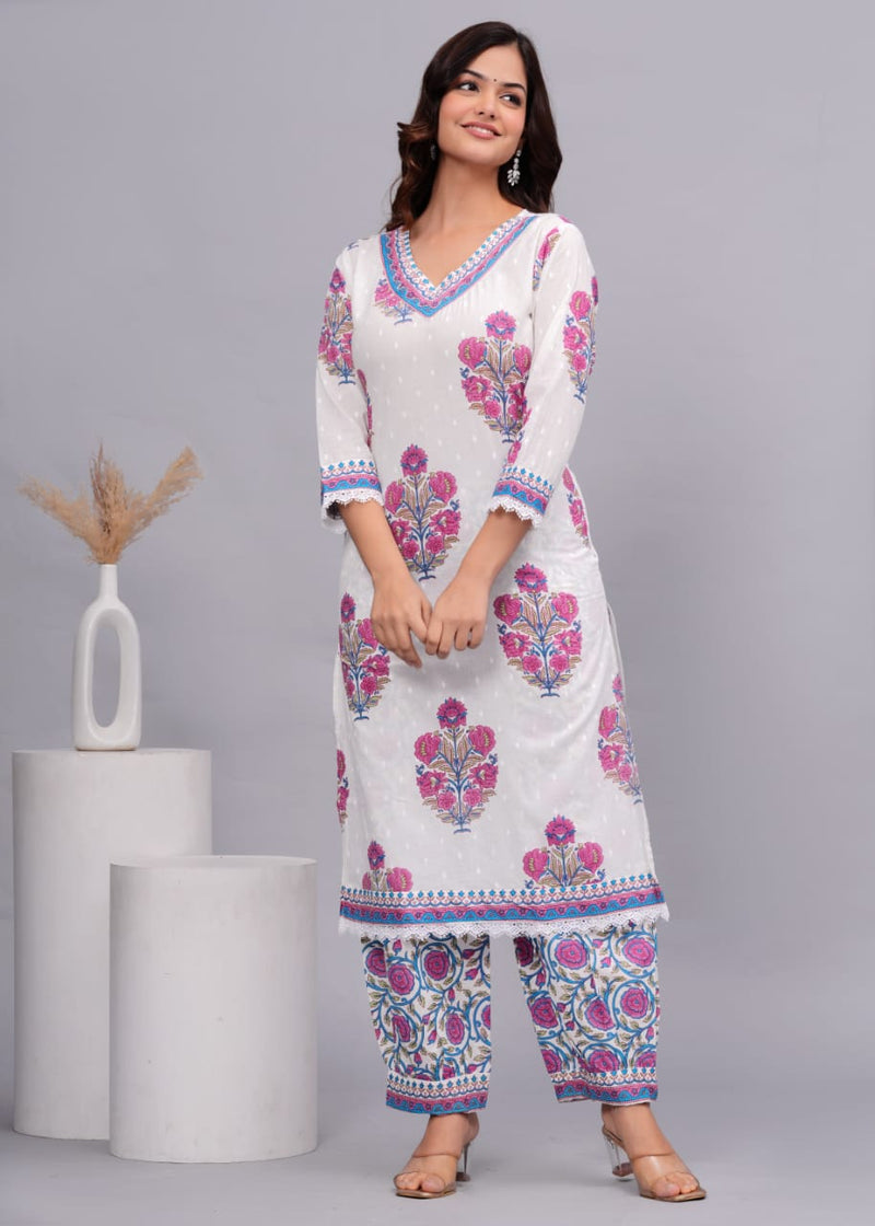 Designer White Floral Suit With Dupatta