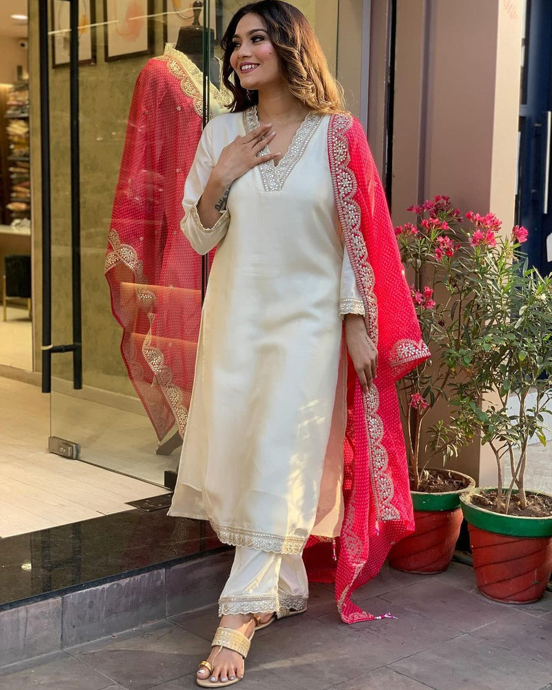 Elegant White Chanderi Printed Suit With Dupatta