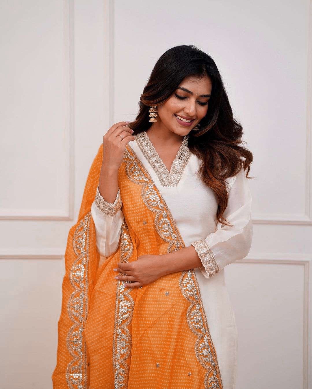 Elegant White Chanderi Printed Suit With Dupatta