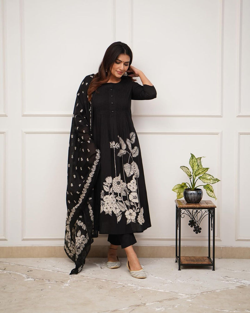 Designer Black Floral Suit With Dupatta