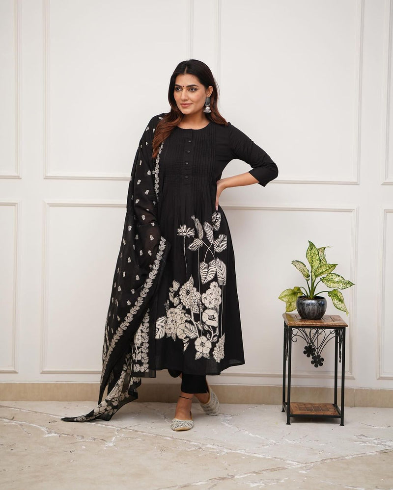 Designer Black Floral Suit With Dupatta