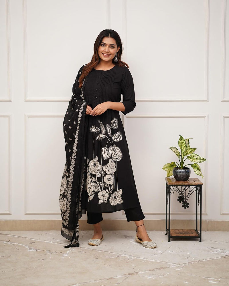 Designer Black Floral Suit With Dupatta