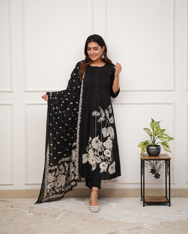 Designer Black Floral Suit With Dupatta