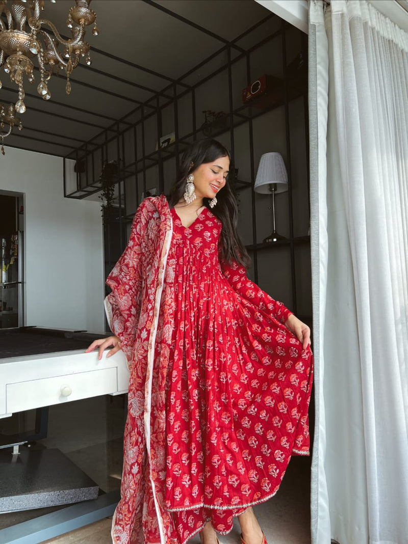 Designer Red Anarkali Suit With Dupatta