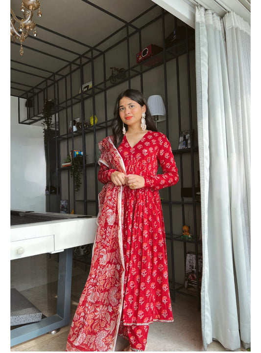 Designer Red Anarkali Suit With Dupatta