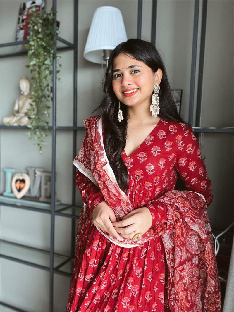 Designer Red Anarkali Suit With Dupatta