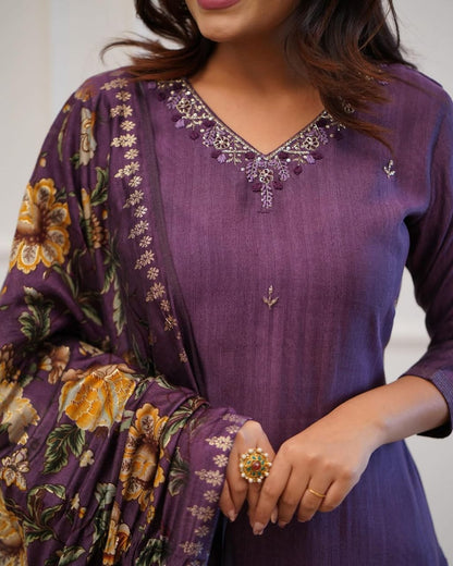 Premium Purple Embroidered Suit With Dupatta