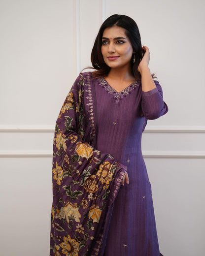 Premium Purple Embroidered Suit With Dupatta