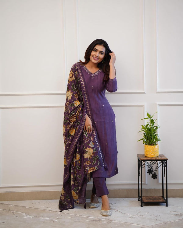 Premium Purple Embroidered Suit With Dupatta