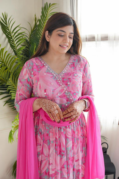 Designer Pink Floral Style Suit With Dupatta