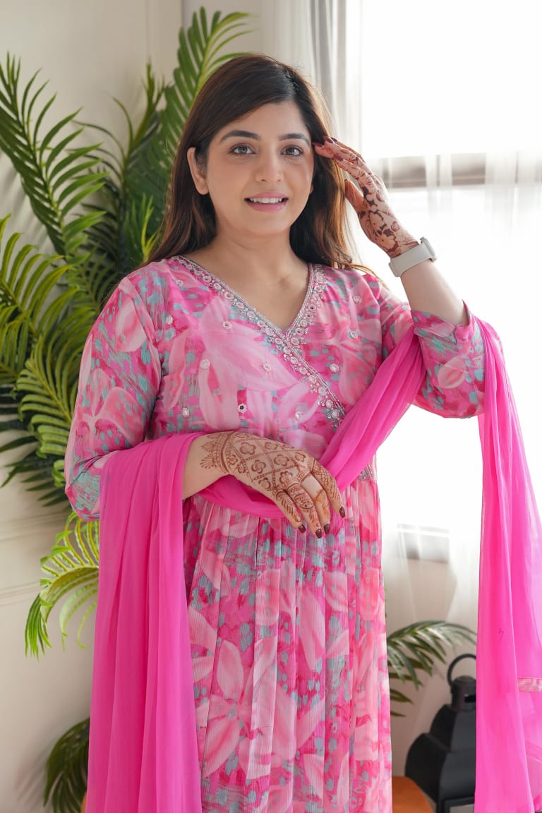 Designer Pink Floral Style Suit With Dupatta