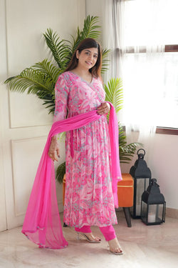 Designer Pink Floral Style Suit With Dupatta