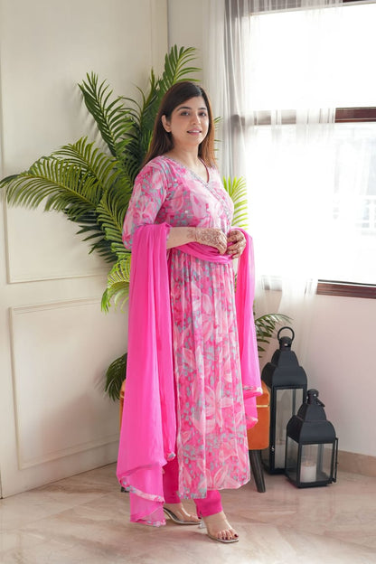 Designer Pink Floral Style Suit With Dupatta