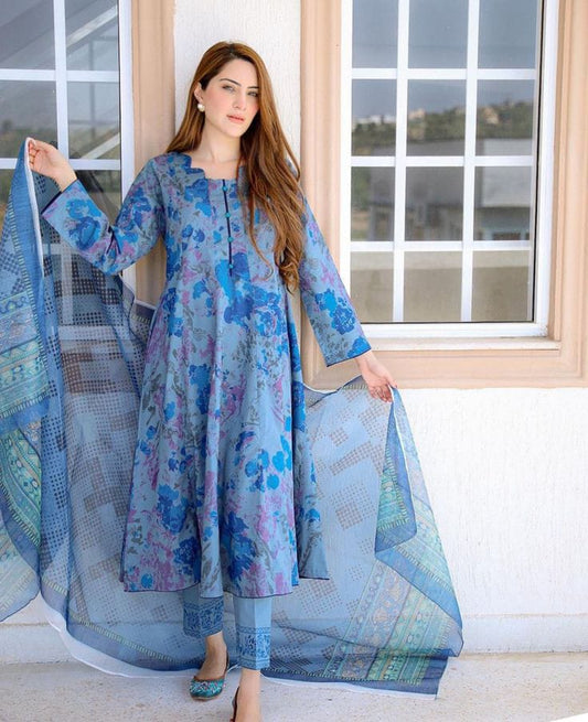 Designer Blue Floral Printed Suit With Dupatta