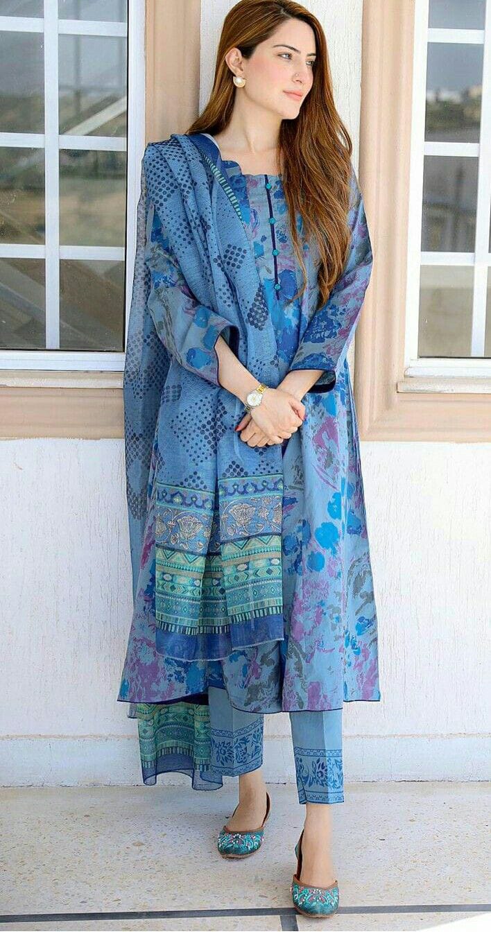 Designer Blue Floral Printed Suit With Dupatta