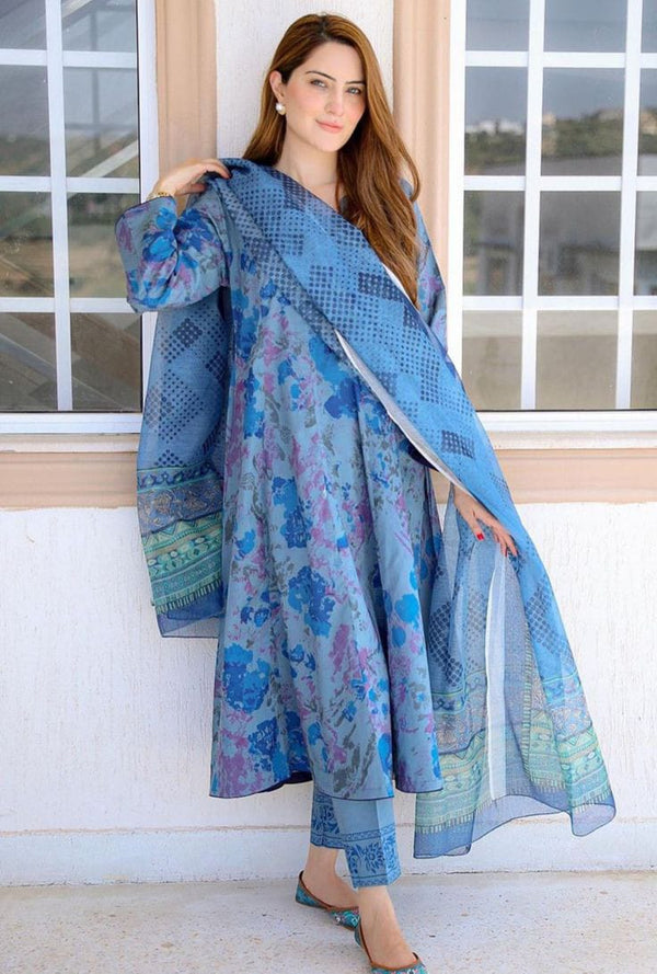 Designer Blue Floral Printed Suit With Dupatta