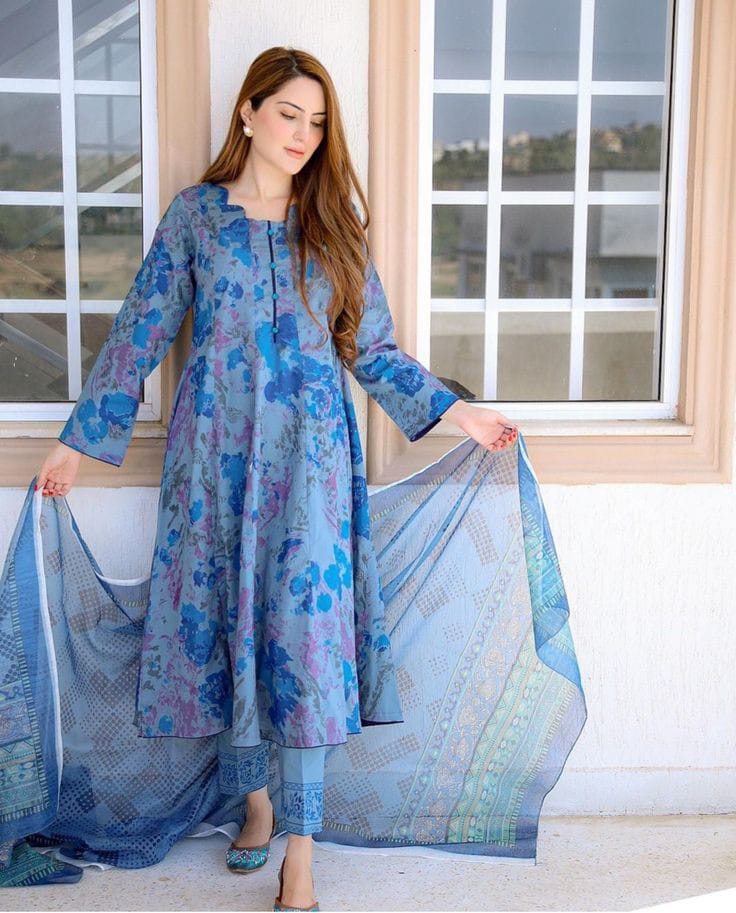 Designer Blue Floral Printed Suit With Dupatta