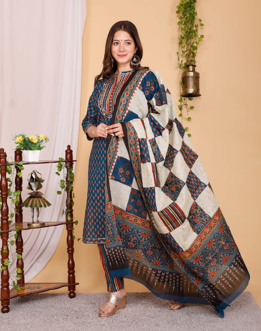 Designer Hand Block Floral Printed Suit With Dupatta