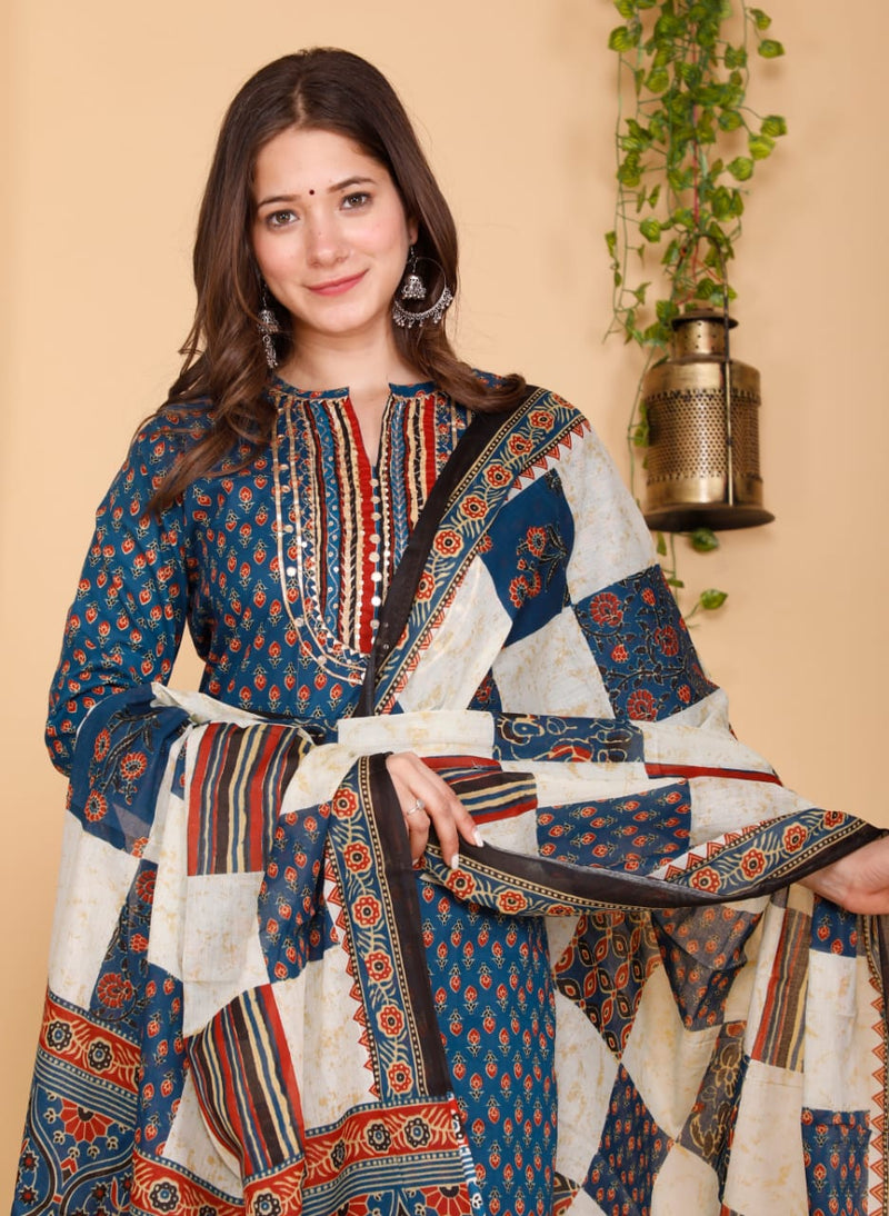 Designer Hand Block Floral Printed Suit With Dupatta